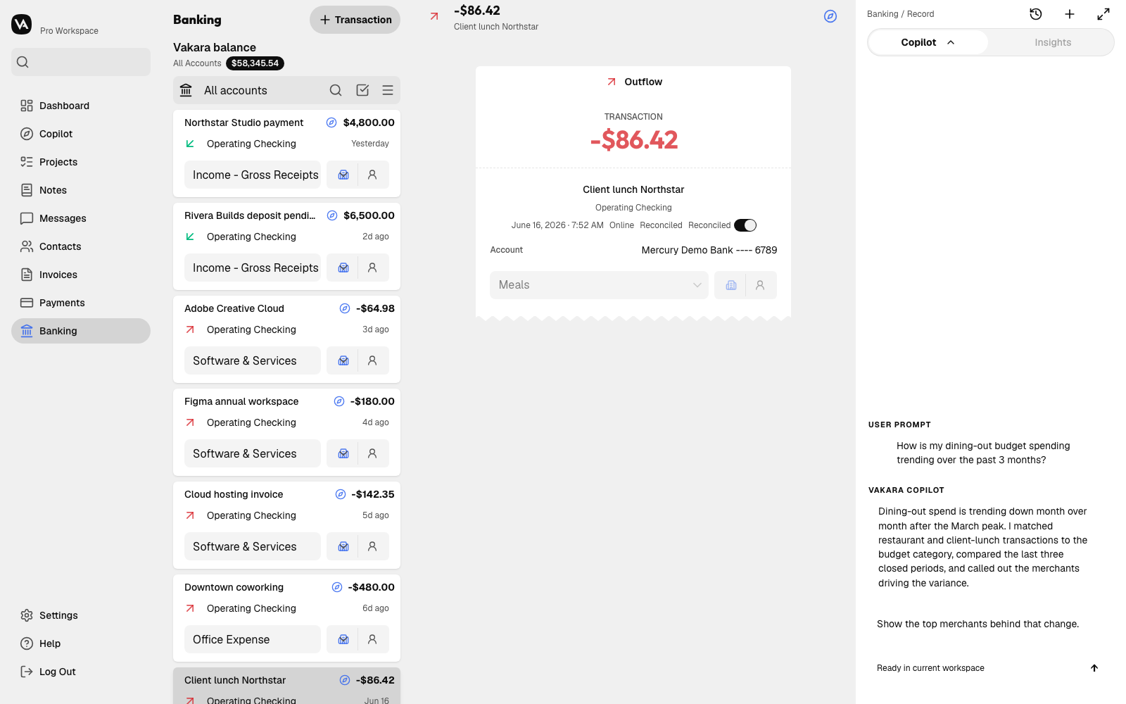 Vakara banking workspace showing Copilot explaining a three-month spending trend