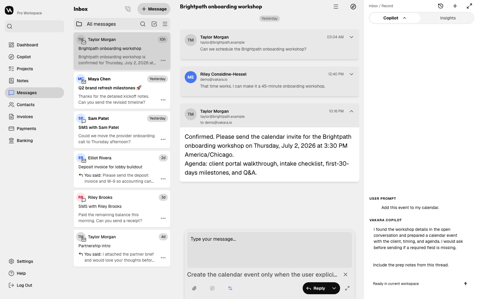 Vakara inbox showing Copilot preparing a calendar event from the open client conversation